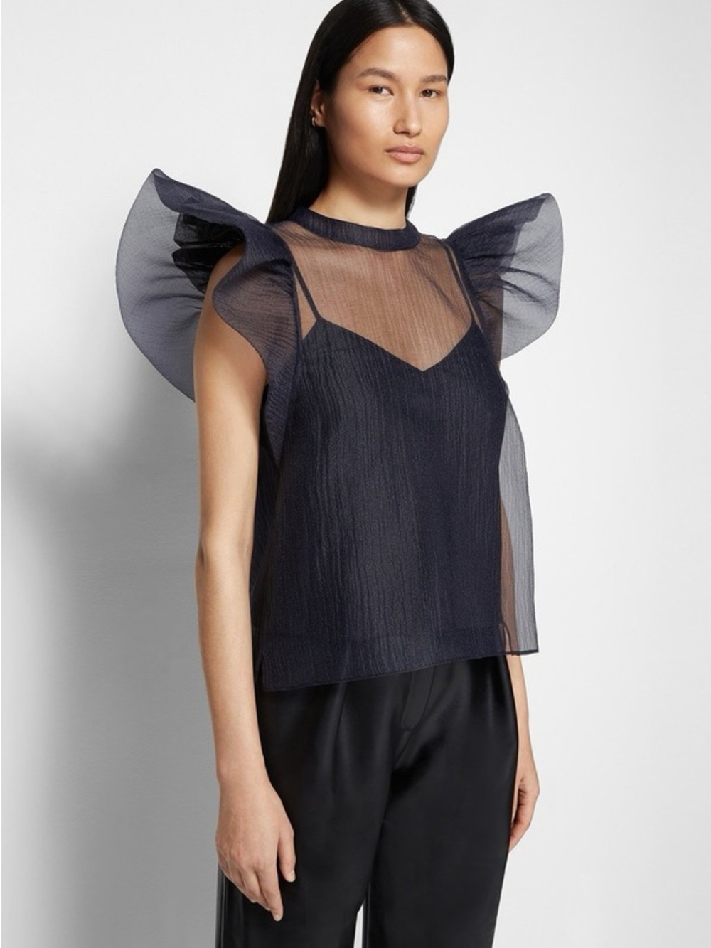 Jonathan Simkhai Navy Sheer Ruffle-Shoulder Camisole